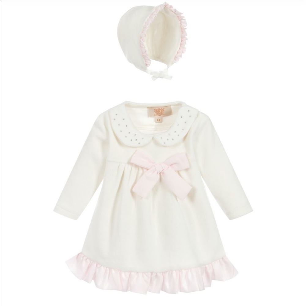 Baby girls ivory velour dress matching bonnet